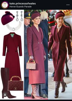 the queen is wearing a burgundy coat and matching hat with her red dress, over knee boots