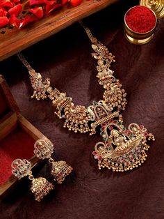 Gold-Plated Stone-Studded Jewelry Set VitansEthnics Indian Artificial Jewellery, Anarkali Lehenga, Jewelry Cleaning Solution, Wedding Jumpsuit, Ready To Wear Saree, Artificial Jewellery, Artificial Stone, Stud Jewelry, Stone Studs