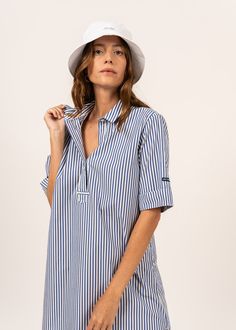 LEONIE - Pinstriped Shirt Dress in Organic Cotton (WHITE / BLUE) Striped Cotton Beach Shirt Dress, Striped Cotton Shirt Dress For Beach, Casual Striped V-neck Shirt Dress, Casual Striped Shirt Dress With V-neck, Striped Relaxed Fit Shirt Dress For Summer, Long Sleeve Cotton Dress With Striped Collar, Cotton Long Sleeve Dress With Striped Collar, Casual Striped Shirt Dress For Day Out, Cotton Dress With Striped Collar And Long Sleeves