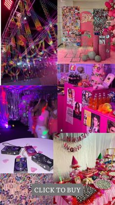 a collage of photos with pink and purple items on display at a party or event