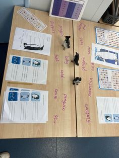 two wooden tables with different types of animals on them and some writing on the boards