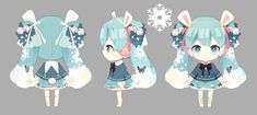 three different views of an anime character with blue hair and bunny ears, one wearing a dress