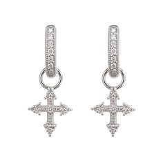 Modified by CombineZP Cross Earring, Tiny Cross, White Gold Hoops, Round Diamond Setting, Earring Charms, Cross Earrings, Gold Hoops, Charm Earrings, Bezel Setting