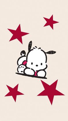 a drawing of a hello kitty laying on the ground with red stars in the background