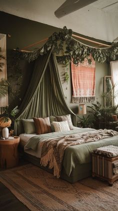 a bedroom with a canopy bed surrounded by greenery and hanging plants on the wall