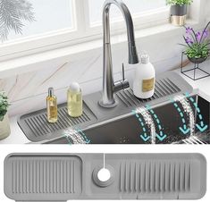 the sink drainer is being used to wash dishes and other things in the kitchen