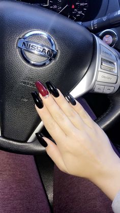 Black And Garnet Nails, Maroon And Black Nails Design, Black And Maroon Nails, Black And Burgundy Nails, Nails With Jewels, Coffin Shaped Nails, Dark Red Nails, Maroon Nails, Shaped Nails