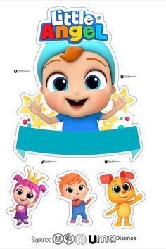 the little angel sticker is shown in three different colors and sizes, including one with blue