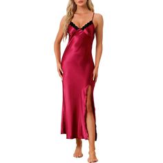 The cheibear satin slip long nightgown, made of soft satin fabric and lace, is comfortable and fashionable. Features lace, V neck, split thigh, adjustable straps, sleeveless, slip dress, cross back, backless, long and elegant. This cheibear lace cross-back sleepwear is fashionable and easy to match. It can be worn as pajamas to sleep, as a chemise under clothes, or directly worn as a night dress or full dress. It is very suitable for home leisure, daily wear, first dates, weddings, honeymoons, a Satin Nightgown With Spaghetti Straps For Night Out, Red Satin Nightgown For Summer, Fitted Satin Nightgown For Loungewear, Sleeveless Satin Sleepwear For Night Out, Sleeveless Satin Slip Dress For Sleep, Satin Nightgown With Bias Cut For Sleep, White Satin Nightgown For Wedding Night, Satin Bias Cut Nightgown For Sleep, Party Sleepwear With Lace Trim In Satin