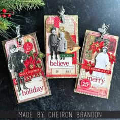 three christmas tags with the words believe and merry written on them