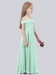 Description:   Off Shoulder Straps Chiffon Junior Bridesmaid Dress   Details:     Silhouette: A-line  Fabric: Chiffon  Neckline: Off the Shoulder  Sleeve Length: Sleeveless  Embellishment: Pleated  Floor-length chiffon dress.   With padding and boning.    Available in full-size range (J4-J16) and in  custom size         Ask a question Green Chiffon Bridesmaid Dress For Banquet, Green Chiffon Summer Dress For Banquet, Solid Chiffon Bridesmaid Dress, Solid Chiffon Prom Dress, Spring Chiffon Bridesmaid Dress For Banquet, Spring Floor-length Chiffon Bridesmaid Dress, Spring Chiffon Bridesmaid Dress Floor-length, Green Chiffon Bridesmaid Dress For Spring, Spring Green Chiffon Bridesmaid Dress