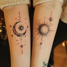 two sun and moon tattoos on both arms with stars in the sky above them,