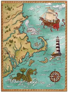 a map with animals and ships in the ocean, including a lighthouse on top of it