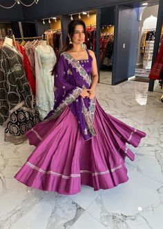 Navya Chaniya Choli Anarkali Style Choli With Cutdana, Purple Lehenga With Gota Work, Designer Purple Choli With Gota Work, Purple Gota Work Lehenga, Diwali Mirror Work Choli, Mirror Work Choli For Diwali, Reception Choli With Mirror Work, Purple Resham Embroidery Lehenga, Purple Sleeveless Festive Sets