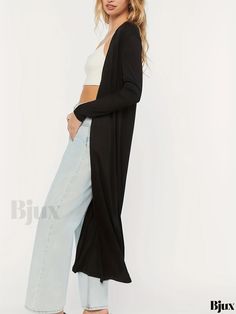 Bjux - Womens Solid Open Front Split Knit Cardigan, Long Sleeve Sweater with a Casual Long Length - An Elegant Addition to Your Wardrobe Long Stretch Cardigan For Spring, Long Stretch Outerwear For Layering, Long Solid Stretch Cardigan, Long Stretch Solid Cardigan, Long Stretch Solid Color Cardigan, Long Stretch Sweater For Spring, Cardigan Long Sleeve, Cardigan Long, Long Length