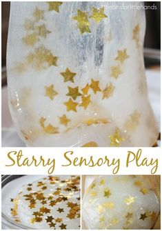 star confetti slimes science and sensory play for kids with gold stars on them