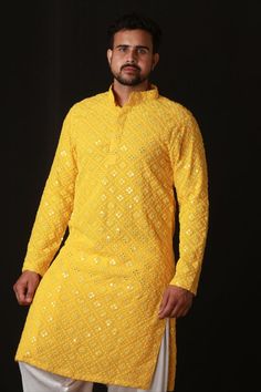 kurta for men, kurta pajama, kurta pajama design, wedding kurta for men, designer kurta for men, kurta design for men Lakhnavi Kurta, Mirror Work Kurta, Indian Mirror, Haldi Ceremony Outfit, Wedding Kurta, Wedding Kurta For Men, Haldi Function, Haldi Outfits, Yellow Kurta