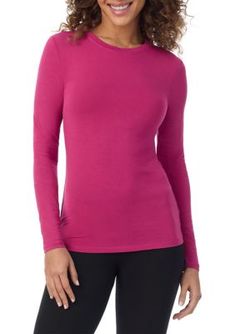 The ideal everyday layer, Softwear with Stretch is unbelievably soft to the touch and effortlessly stretches with your body for all-day comfort; Body-hugging fit; Lightweight warmth without the added bulk; Spandex for stretch and a flattering fit; Crew neck. | Cuddl Duds Women's Softwear with Stretch Long Sleeve Crew Neck Top, Fuchsia, Medium Cuddl Duds Pajamas Belk, Cuddl Duds, Pajama Robe, Crew Neck Top, Crew Neck, Clothes For Women, Long Sleeve, Clothes