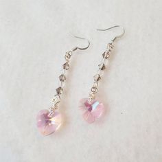 Long Pink Heart Wire Wrapped Dangly Earrings Pink Dangly Earrings, Cute Pink Earrings, Dangly Beaded Earrings, Heart-shaped Earrings With Dangling Beads For Gifts, Wedding Beaded Heart-shaped Earrings, Dangly Earrings Aesthetic, Valentine Jewelry Ideas, Beaded Earrings Patterns Free, Cupid Costume