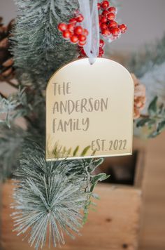 a christmas ornament hanging from the top of a tree