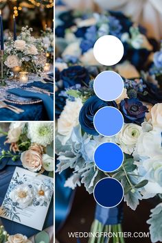 the table is set with blue and white flowers, candles, and cards for an elegant wedding