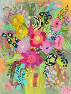 a painting of flowers in a yellow vase on a pink and green background with butterflies