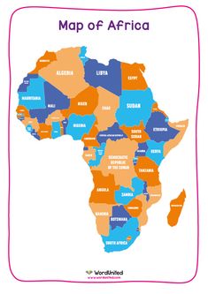 a map of africa with all the countries in blue and orange, including some cities