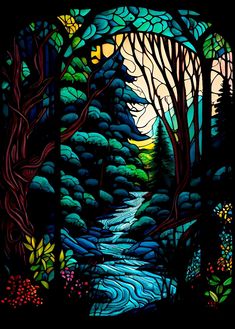 a stained glass window with trees and water in the woods at night, on a black background