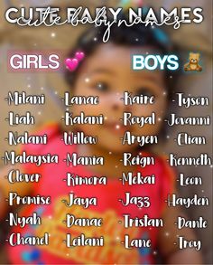 a poster with the names of different children's names in front of her face