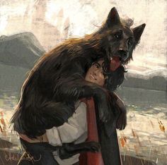 a painting of a woman hugging a wolf on the back of a man's shoulders