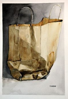 a watercolor painting of a brown paper bag