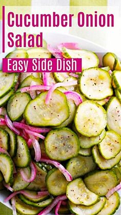 cucumber onion salad in a white bowl