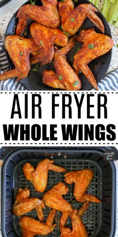 air fryer whole wings in a pan with text overlay