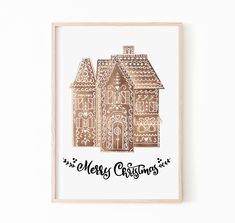 a christmas card with a gingerbread house on the front and merry christmas written in black ink