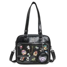 PRICES MAY VARY. 🎀 ITA BAG MATERIAL: This ita handbag is made of premium PU leather and PVC. All of the zippers work great and open smoothly. Excellent workmanship. 🎀 ITA BAG DIMENSIONS: The stylish handbag dimensions is 11.8"(L)x3.1"(W) x 9"(H) . There are planty space inside. It can easily fit a phone, Lipstick, wallet, cosmetics ect. And the open pocket can hold keys or cards. 🎀 STRUCTURE: There are one front clear window to display pins, buttons, dolls. And you do not to lose your pins or Pins Display, Kawaii Handbags, Enamel Pin Display, Anime Pins, Ita Bag, Anime Expo, Dark Grunge, Bag Display, Crossbody Handbags