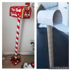 two pictures side by side one has a mailbox and the other has a candy cane