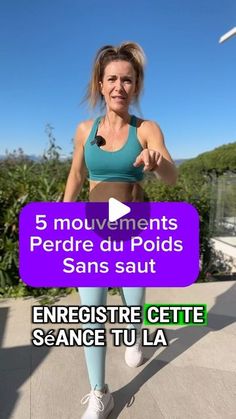 a woman in blue sports bra top and leggings running with text reading 5 moviments perre du polds sans saut