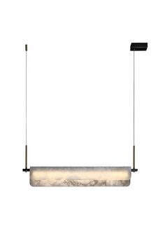 a rectangular light fixture with two lights hanging from the ceiling