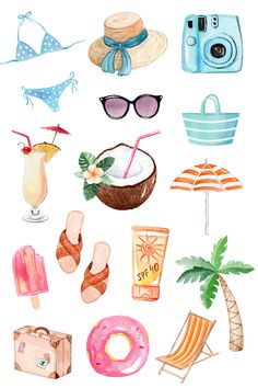 watercolor illustration of beach items including sunglasses, flip flops, umbrella and sunhat