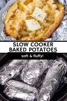 baked potatoes in an air fryer with text overlay that reads slow cooker baked potatoes soft & fluffy