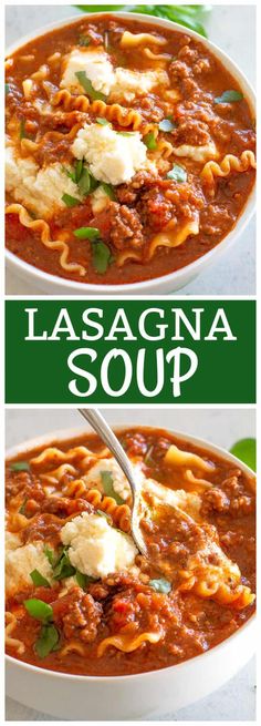 two bowls of lasagna soup with pasta and cheese