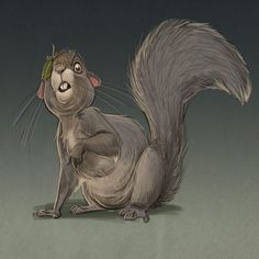 a cartoon squirrel with a leaf on its head and tail, sitting in front of a dark background