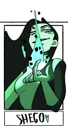 a drawing of a woman with her hands on her face and the words shego above her head