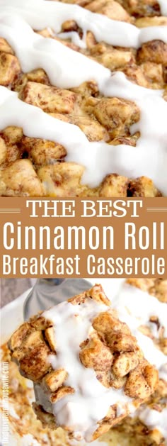 the best cinnamon roll breakfast casserole with white icing on top is shown