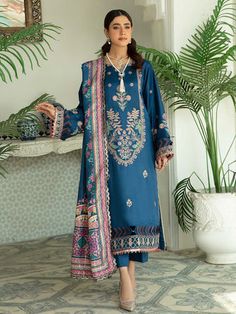 Royal Navy Blue Ready to Wear Lawn Basic A Line Pakistani Salwar Suit is a luxury choice for formal occasions. Elegant Blue Formal Lawn Suit, Elegant Royal Blue Set With Resham Embroidery, Unstitched Silk Suit For Formal Occasions, Elegant Blue Salwar Kameez With Naqshi, Formal Blue Lawn Suit With Dabka Work, Formal Blue Lawn Suit With Resham Embroidery, Blue Traditional Wear With Intricate Embroidery For Formal Occasions, Elegant Traditional Wear In Royal Blue With Intricate Embroidery, Blue Silk Long-sleeved Traditional Wear