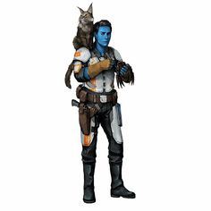 a man with a cat on his shoulder standing in front of a white background wearing a star wars costume