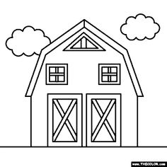 a barn with two doors and windows on the roof is outlined in black and white