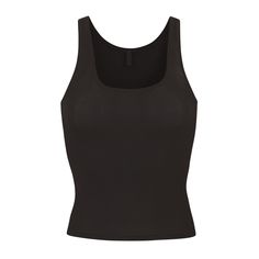 Soft Lounge Tank | Onyx — A classic scoop neck ribbed tank with flattering, fitted cut that hits at hips, the Soft Lounge Tank is perfect for everyday wear or as a comfortable sleepwear option. Soft, silky breathable modal rib fabric keeps you cool and comfortable while lounging or sleeping. Loungewear Scoop Neck Tank Top With Built-in Bra, Everyday Seamless Tank Top With Wide Straps, Seamless Tank Top With Wide Straps For Everyday, Everyday Tank Top With Wide Straps, Basic Seamless Tank Top For Loungewear, Fitted Ribbed Tank Top With Scoop Back, Everyday Tank Top With Wide Straps And Bra Friendly, Everyday Bra Friendly Tank Top With Wide Straps, Solid Color Tank Top With Wide Straps For Loungewear