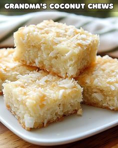 three pieces of coconut cheesecake on a plate with the words grandma's coconut chews