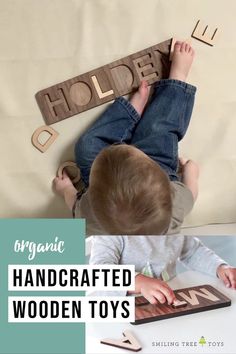 a toddler playing with wooden toys and the words homemade handcrafted wooden toys